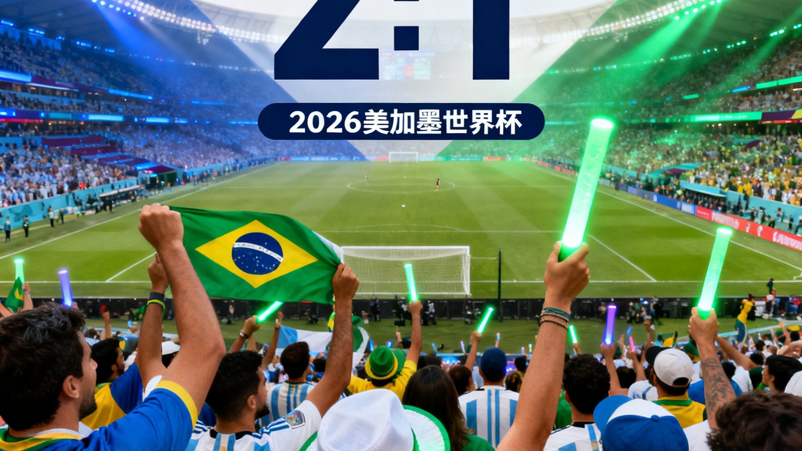 2026美加墨世界杯高清直播界面，显示巴西与阿根廷的比赛实时比分2:1，场边球迷欢呼